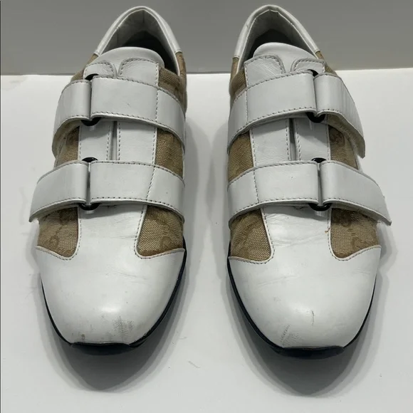 Gucci White/Beige GG Canvas and Leather Velcro Sneakers Size 38 - Picture 2 of 11